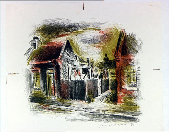 Artist: b'MACQUEEN, Mary' | Title: b'Fitzroy' | Date: 1956 | Technique: b'lithograph, printed in colour, from multiple plates' | Copyright: b'Courtesy Paulette Calhoun, for the estate of Mary Macqueen'