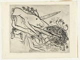 Artist: BOYD, Arthur | Title: Dog with crutches and falling figure. | Date: (1968-69) | Technique: etching, printed in black ink, from one plate | Copyright: Reproduced with permission of Bundanon Trust