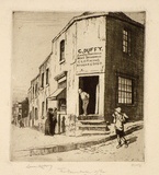 Artist: LINDSAY, Lionel | Title: Pawnbroker of the Argyle Cut | Date: 1917 | Technique: etching, printed in brown ink with plate-tone, from one plate | Copyright: Courtesy of the National Library of Australia