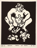 Artist: b'Reid, Virginia' | Title: b'Romulus, Remus and Romeo' | Date: 1992, June | Technique: b'linocut, printed in black ink, from one block'