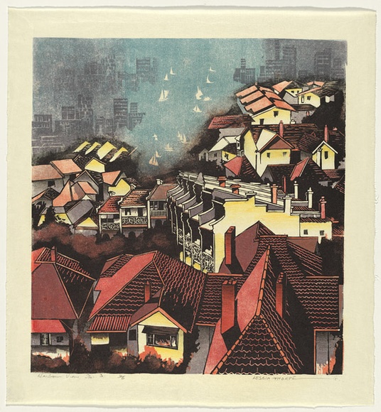 Artist: b'Thorpe, Lesbia.' | Title: b'Harbour view number 3' | Date: 1980 | Technique: b'woodcut, printed in colour, from five blocks; additional hand-colouring'