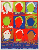 Artist: b'WORSTEAD, Paul' | Title: b'Settlement Disco Dance.' | Date: 1976 | Technique: b'screenprint, printed in colour, from four stencils in blue, orange, green and brown ink' | Copyright: b'This work appears on screen courtesy of the artist'