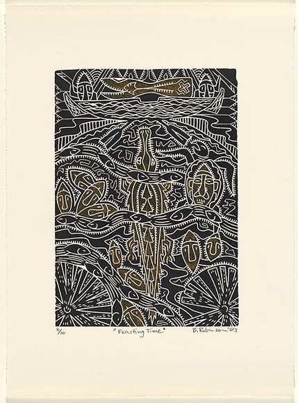 Artist: b'Robinson, Brian.' | Title: b'Feasting time' | Date: 1993 | Technique: b'linocut, printed in black ink, from one block'