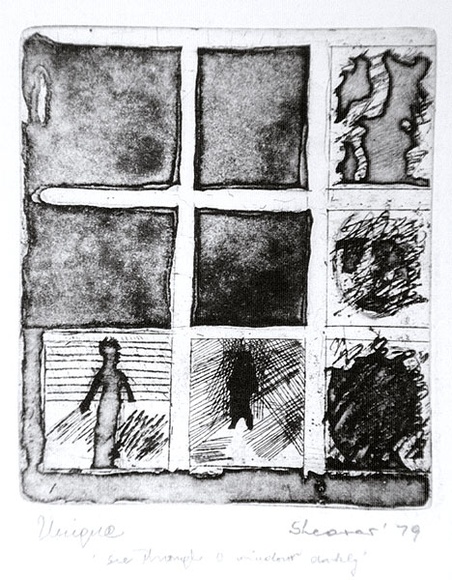 Artist: b'SHEARER, Mitzi' | Title: b'See through a window darkly' | Date: 1979 | Technique: b'etching and aquatint, printed in black ink, from one plate'