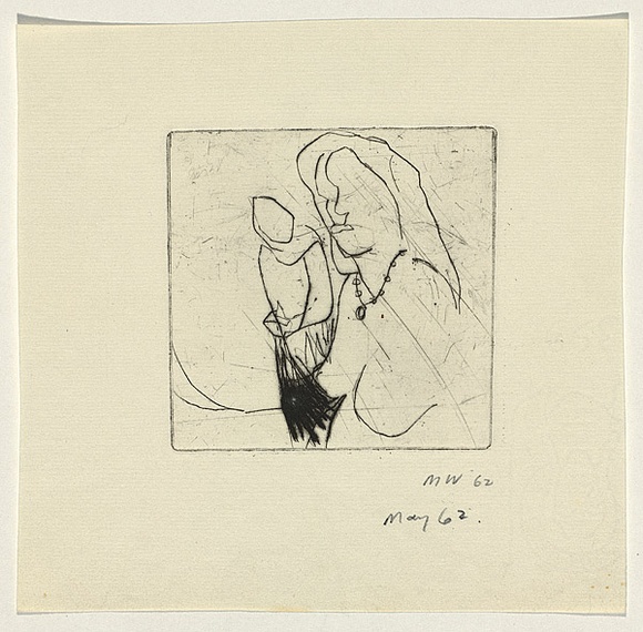 Title: b'not titled [abstracted female figure in foreground and male in background]' | Date: 1962 | Technique: b'drypoint, printed in black ink, from one plate'