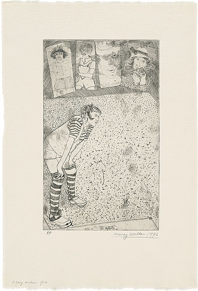 Artist: b'WALKER, Murray' | Title: b'A very modern girl.' | Date: 1973 | Technique: b'etching, printed in black ink, from one plate'