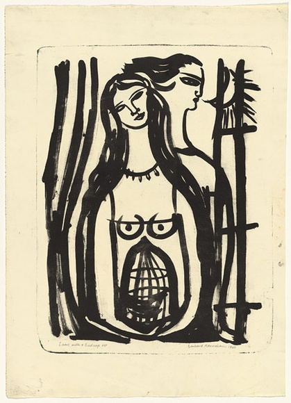 Artist: b'HANRAHAN, Barbara' | Title: b'Lovers with a birdcage' | Date: 1960 | Technique: b'lithograph, printed in black ink, from one stone'