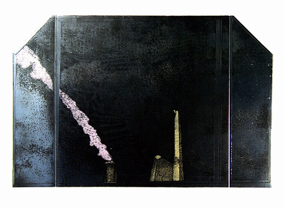 Artist: b'BALDESSIN, George' | Title: b'Window and factory smoke II.' | Date: 1970 | Technique: b'etching and aquatint, printed in black ink, from three plates; stencil, printed in colour, from multiple stencils'