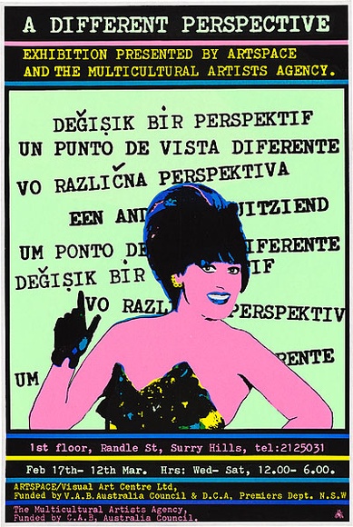 Artist: b'REDBACK GRAPHIX' | Title: b'A different perspective.' | Date: 1983, before 17 February | Technique: b'screenprint, printed in colour, from five stencils'