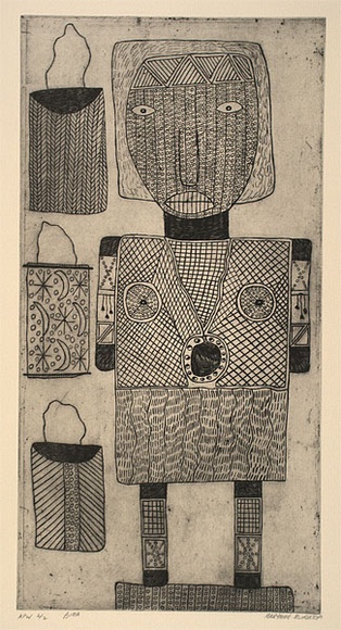 Artist: b'MUNGATOPI, Maryanne' | Title: b'Bima' | Date: 2001, February - March | Technique: b'etching and aquatint, printed in black ink, from one plate'