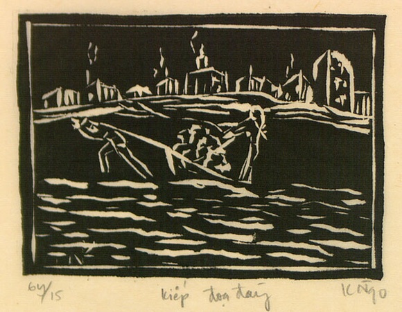 Artist: b'Nguyen, Tuyet Bach.' | Title: b'Kiep doa Day (Cay thay trau) [Human life and power]' | Date: 1990 | Technique: b'linocut, printed in black ink, from one block'