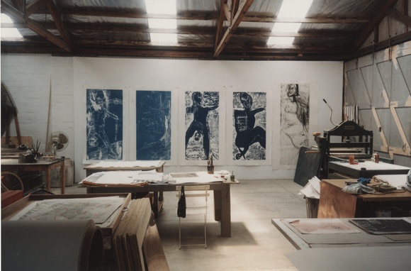 Artist: b'LOANE, John' | Title: bMike Parr print 'Sky Birth' on the wall at Viridian Press, Olinda, Victoria. | Date: 1996