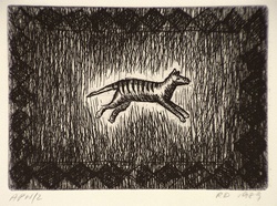 Artist: Daw, Robyn. | Title: not titled [tiger leaping with frame of diamond shapes] | Date: 1989 | Technique: etching, printed in black ink, from one plate