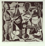 Artist: b'Birmingham, Richard.' | Title: b'not titled (swirling figures and buildings 2)' | Date: 1989 | Technique: b'etching, printed in black ink, from one plate'