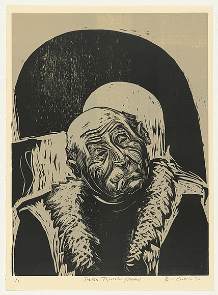 Artist: b'AMOR, Rick' | Title: b'Feliks Topolski / artist.' | Date: 1990 | Technique: b'woodcut, printed in black and grey ink, from two blocks'