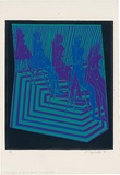 Artist: b'WALKER, Murray' | Title: b'Five figures on sliding chairs.' | Date: 1969 | Technique: b'linocut, printed in colour, from multiple blocks'