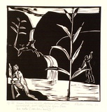 Artist: Wallace-Crabbe, Robin. | Title: not titled [VI Venus, drying herself ... with bee eater]. | Date: 1980 | Technique: linocut, printed in black ink, from one block | Copyright: © Robin Wallace-Crabbe, Licensed by VISCOPY, Australia