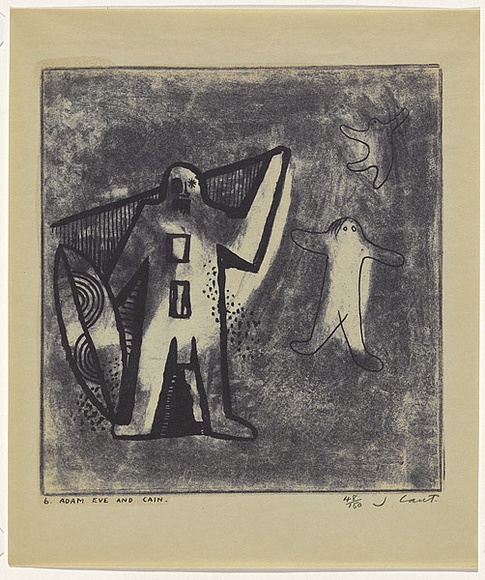 Artist: b'Cant, James.' | Title: b'Adam, Eve and Cain.' | Date: 1948 | Technique: b'cliche-verre, printed in blue pigment, from one hand-drawn glass plate'