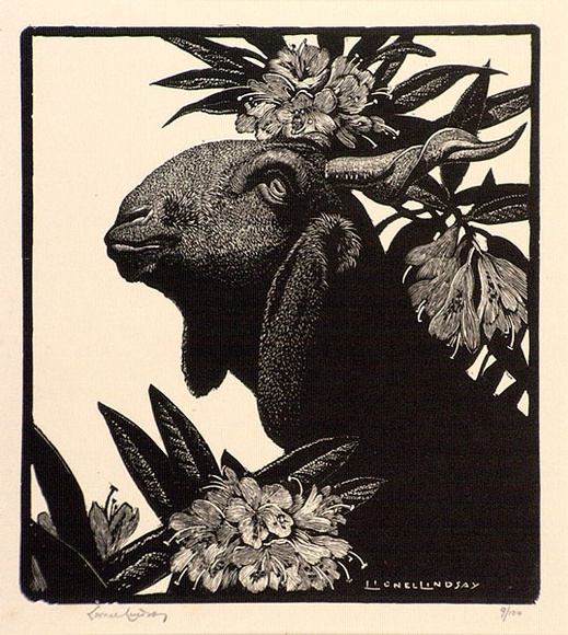 Artist: b'LINDSAY, Lionel' | Title: b'Goat and Rhododendron' | Date: 1932 | Technique: b'wood-engraving, printed in black ink, from one block' | Copyright: b'Courtesy of the National Library of Australia'