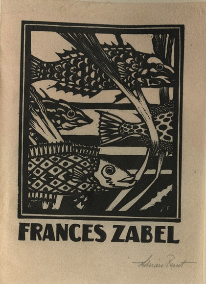 Artist: b'FEINT, Adrian' | Title: b'Bookplate: Frances Zabel.' | Date: (1927) | Technique: b'wood-engraving, printed in black ink, from one block' | Copyright: b'Courtesy the Estate of Adrian Feint'