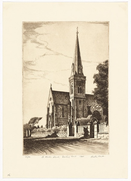 Artist: b'PLATT, Austin' | Title: b'St Marks Church, Darling Point' | Date: 1945 | Technique: b'etching, printed in black ink, from one plate'