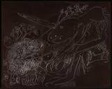 Artist: BOYD, Arthur | Title: Plate 131: Dog with crutches and falling figure. | Date: (1968-69) | Technique: etched plate | Copyright: This work appears on screen courtesy of Bundanon Trust