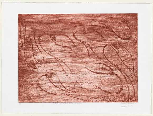Artist: b'Clarmont, Sammy.' | Title: bDon't go in the bush at night | Date: 1999 | Technique: b'etching and collagraph, printed in red ochre ink, from one plate'