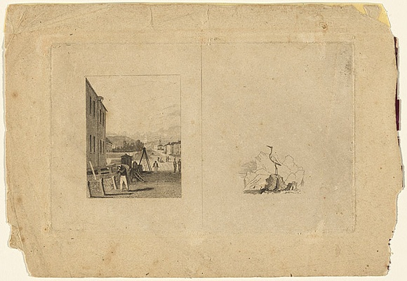 Title: b'[Hobart street and bird]' | Date: 1827 | Technique: b'etching, printed in black ink, from one plate'