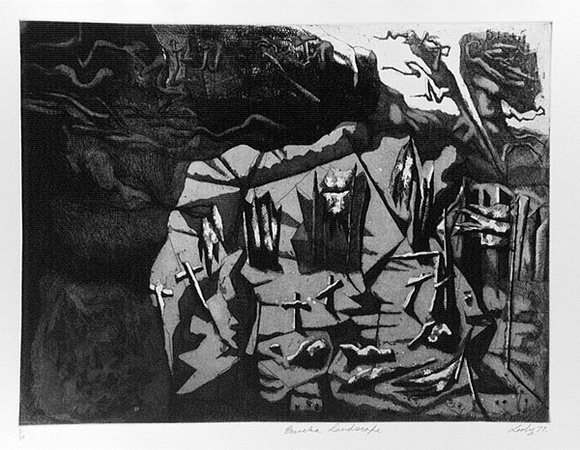 Artist: b'Looby, Keith.' | Title: b'Eureka landscape' | Date: 1977 | Technique: b'etching and aquatint, printed in black ink, from one plate' | Copyright: b'\xc2\xa9 Keith Looby'