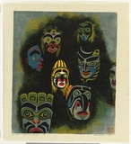 Artist: Thorpe, Lesbia. | Title: Inuit masks - and Bella Coola spoke first | Date: 1995 | Technique: screenprint, printed in colour, from multiple stencils