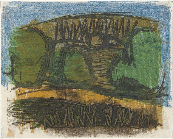 Artist: b'MADDOCK, Bea' | Title: b'(Landscape with trees: study for a lithograph' | Date: 1961 | Technique: b'monotype, printed in colour; additional drawing in wax crayon'