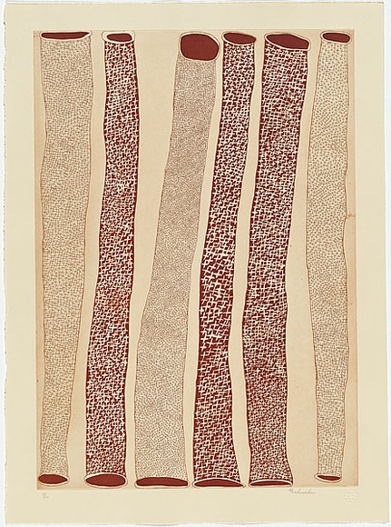 Artist: Yunupingu, Gulumbu. | Title: Gan'yu (stars) | Date: 2005 | Technique: etching and silkscreen, printed in brown ink, from one plate and one screen