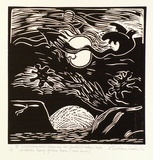 Artist: Wallace-Crabbe, Robin. | Title: not titled [III swaddling bird ... avec moon]. | Date: 1980 | Technique: linocut, printed in black ink, from one block | Copyright: © Robin Wallace-Crabbe, Licensed by VISCOPY, Australia
