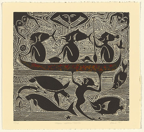 Artist: b'Nona, Dennis.' | Title: b'Lagaw Wakaintamain (Island way of thinking).' | Date: 1997 | Technique: b'linocut, printed in black ink, from one block; hand applied colour' | Copyright: b'Courtesy of the artist and the Australia Art Print Network'