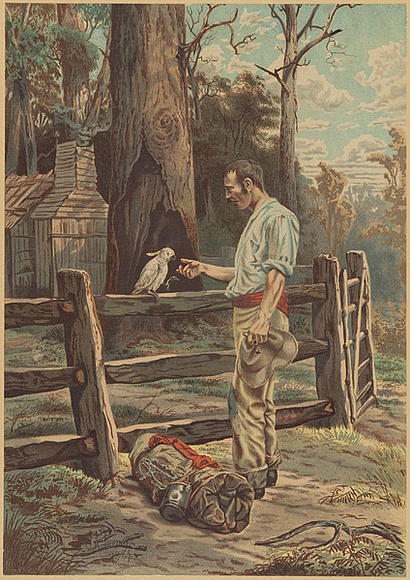 Title: b'A bush welcome.' | Date: 1884 | Technique: b'lithograph, printed in colour, from multiple stones'