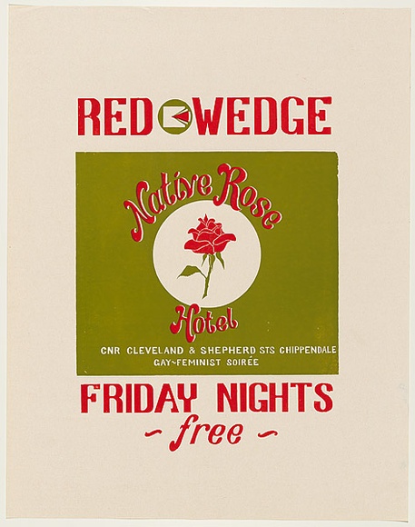 Artist: b'UNKNOWN' | Title: b'Red Wedge. Native Rose Hotel.' | Date: 1977 | Technique: b'screenprint, printed in colour, from two stencils'