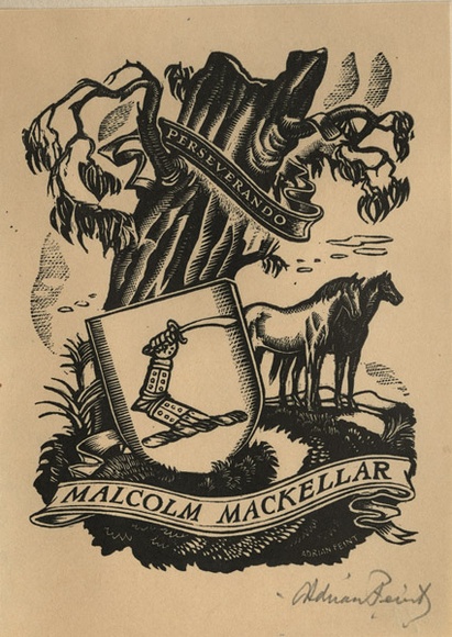 Artist: b'FEINT, Adrian' | Title: b'Bookplate: Malcolm Mackellar.' | Date: (1938) | Technique: b'wood-engraving, printed in black ink, from one block' | Copyright: b'Courtesy the Estate of Adrian Feint'