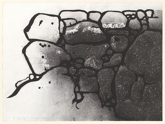 Artist: b'EWINS, Rod' | Title: b'The Great Wall, Honaunau.' | Date: 1990 March | Technique: b'spraycan aquatint, printed in black ink, from one steel plate'