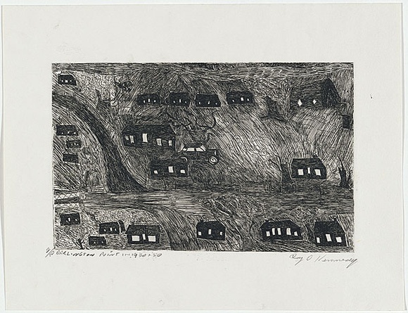 Artist: b'Kennedy, Roy.' | Title: b'Darlington Point in the 1930s and 1950s' | Date: 1998 | Technique: b'etching, printed in black ink, from one plate'