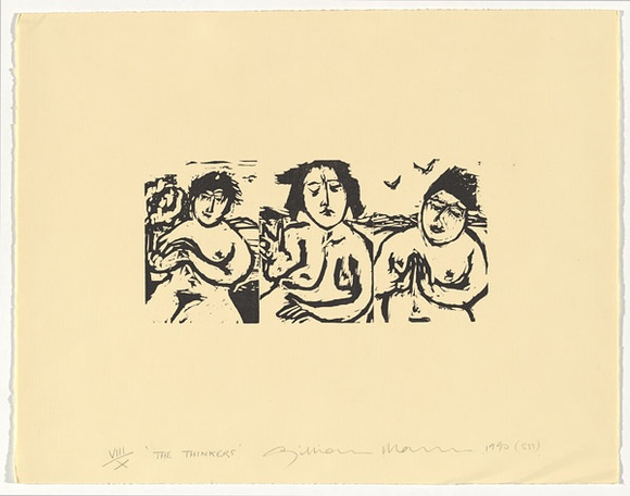 Artist: b'Mann, Gillian.' | Title: b'The thinkers' | Date: 1990 | Technique: b'woodcut, printed in black ink, from three blocks'