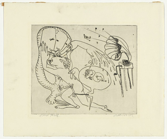 Artist: b'BOYD, Arthur' | Title: b'Potter with child and gramophone.' | Date: (1968-69) | Technique: b'etching, printed in black ink, from one plate' | Copyright: b'Reproduced with permission of Bundanon Trust'