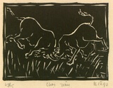 Artist: b'Nguyen, Tuyet Bach.' | Title: bChoi trau [The Buffaloes' fight] | Date: 1990 | Technique: b'linocut, printed in black ink, from one block'