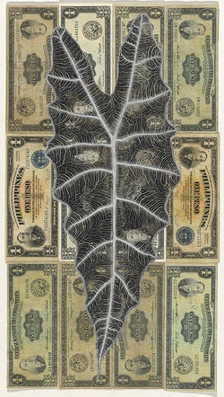 Artist: b'HALL, Fiona' | Title: b'Alocasia sanderana - Kris plant (The Philippines currency)' | Date: 2000 - 2002 | Technique: b'gouache' | Copyright: b'\xc2\xa9 Fiona Hall'