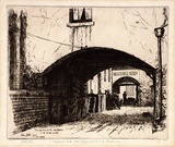 Artist: b'Cobb, Victor.' | Title: b'Approach to the old stables of Cobb and Co., Melbourne.' | Date: 1926 | Technique: b'etching, printed in warm black ink, from one plate'