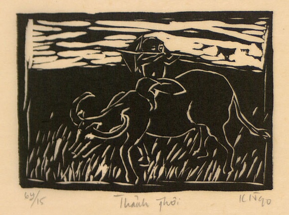 Artist: b'Nguyen, Tuyet Bach.' | Title: b'Thanh thoi [Leisure (Innocent Childhood)]' | Date: 1990 | Technique: b'linocut, printed in black ink, from one block'