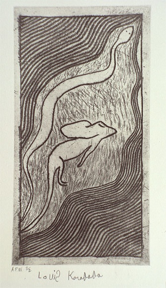 Artist: b'Karadada, Louis.' | Title: b'Not titled #2 [snake and frilled neck lizard].' | Date: 1994, proofed | Technique: b'etching, printed in black ink, with plate-tone, from one plate'