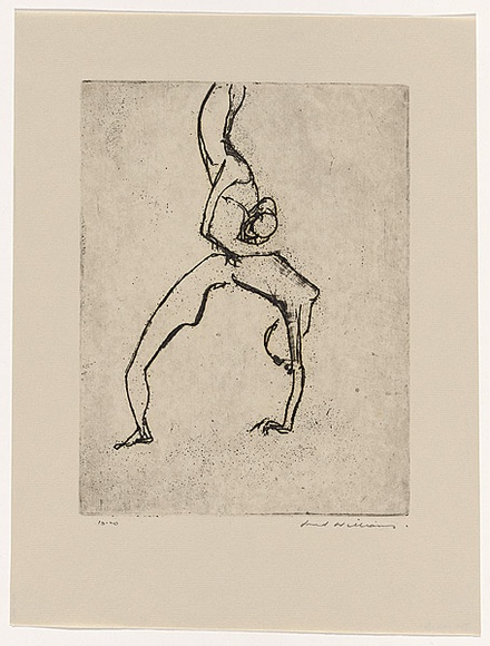 Artist: b'WILLIAMS, Fred' | Title: b'Tumblers. Number 2' | Date: 1967 | Technique: b'etching, deep etching, flat biting and mezzotint, printed in black ink, from one zinc plate' | Copyright: b'\xc2\xa9 Fred Williams Estate'