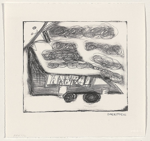 Artist: b'McKenna, Darlene.' | Title: b'not titled [figures in a vehicle]' | Date: 1991, August | Technique: b'lithograph, printed in black ink, from one stone' | Copyright: b'\xc2\xa9 Noel McKenna'