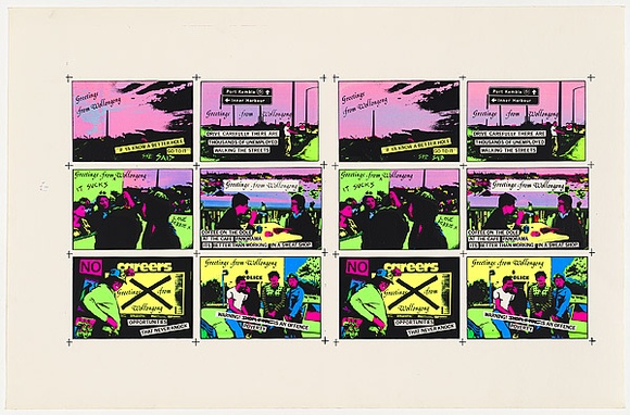 Title: b'Postcards: Greetings from Wollongong  - version 1 [double sheet]' | Date: 1979 | Technique: b'screenprint, printed in colour, from five stencils (recto)\nscreenprint, printed in black ink, from one stencil (verso)'