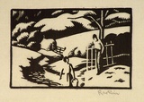 Artist: b'Hawkins, Weaver.' | Title: b'(Two figures in snow)' | Date: c.1930 | Technique: b'woodcut, printed in black ink, from one block' | Copyright: b'The Estate of H.F Weaver Hawkins'